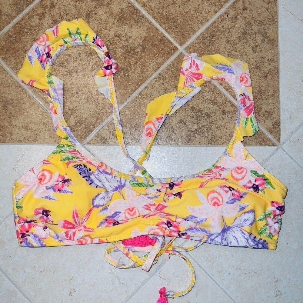 No Boundaries Yellow Floral Print Bikini Top size large